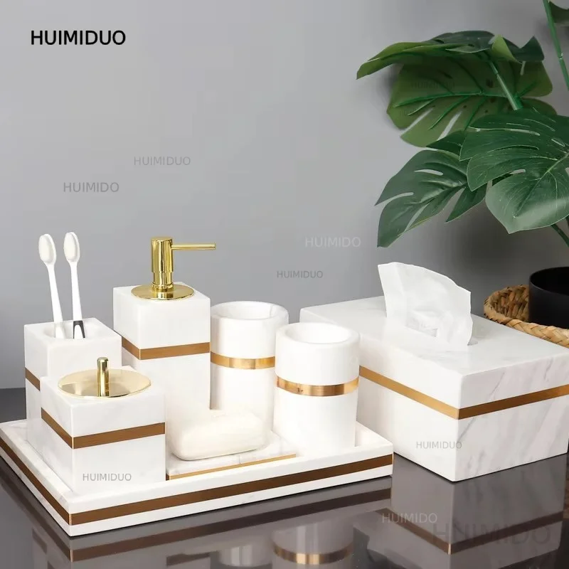 Volakos White Natural Marble Bathroom Accessories Golden Luxury Soap Dispenser Soap Dish Tray Tissue Box Bathroom Set