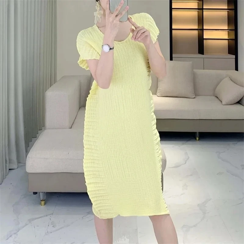 

Miyake Solid Colour Pleated 2025 Summer New Dresses Women's Versatile Casual Elegant Loose Straight Dresses Temperament Clothing