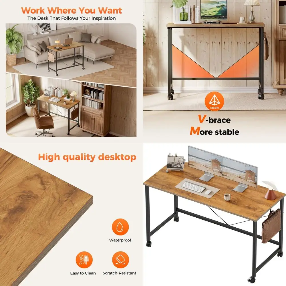 

Compact Rolling Desk with Wheels for Gaming and Home Office, Space-Saving Modern Style Writing Table