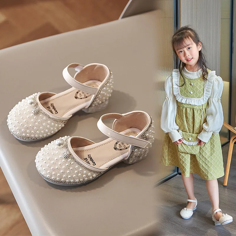 

2025 Summer Fashion Rhinestone Girls Children Pearl Sandals Girls' Cute Princess Dance Shoes for Baby Girls Crystal Shoes 26-36