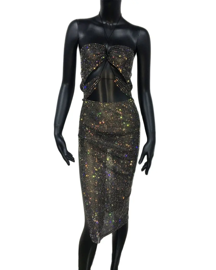 Sexy See Through Party Dress Glitter Rhinestone Hollow Halter Dress For Women Side Split Skirt Backless Tank Tops Bodycon Dress