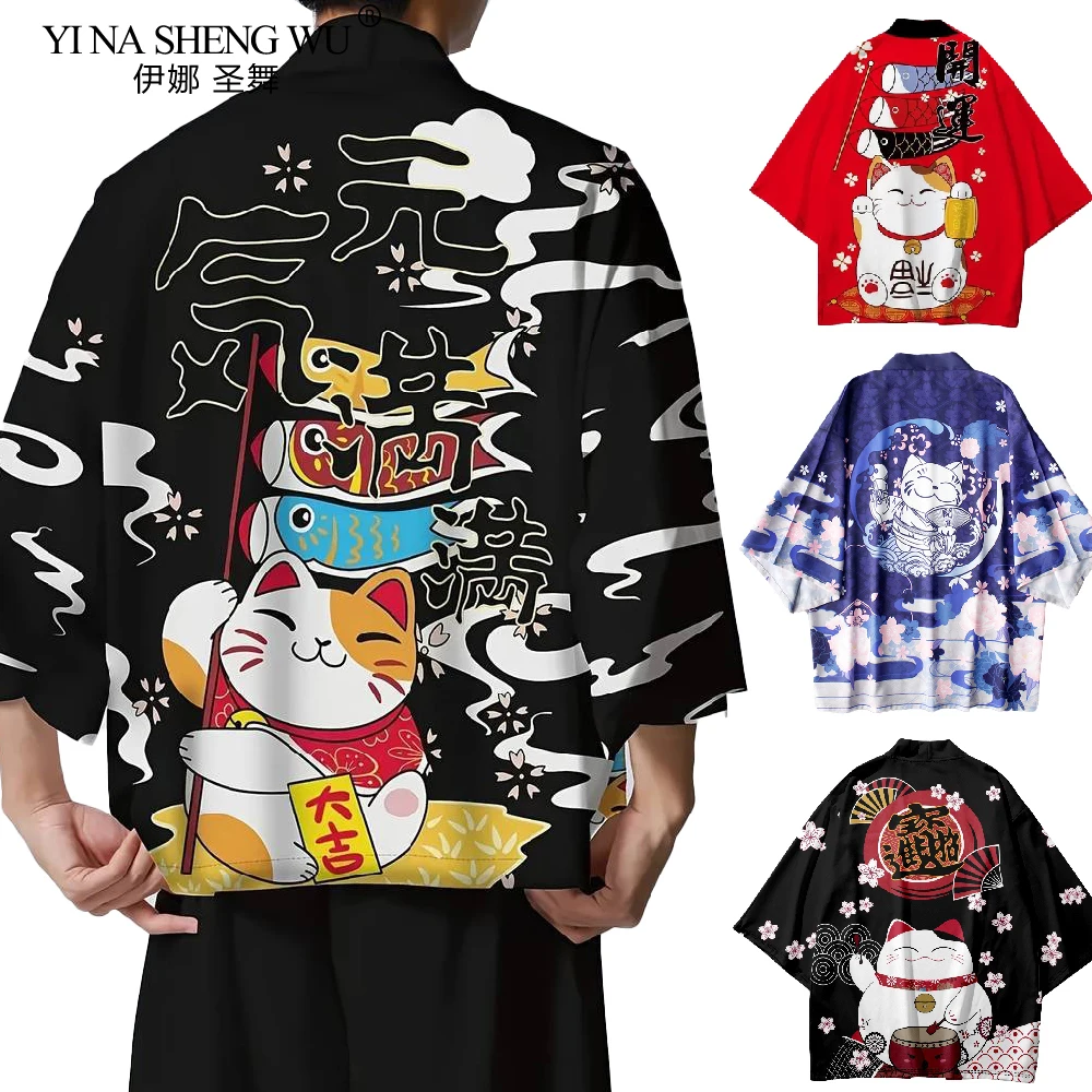 

Japanese Style Cat Print Haori Kimonos Yukata Samurai Men Women Kimono Traditional Asian Clothes Harajuku Cardigan Shirt Cosplay