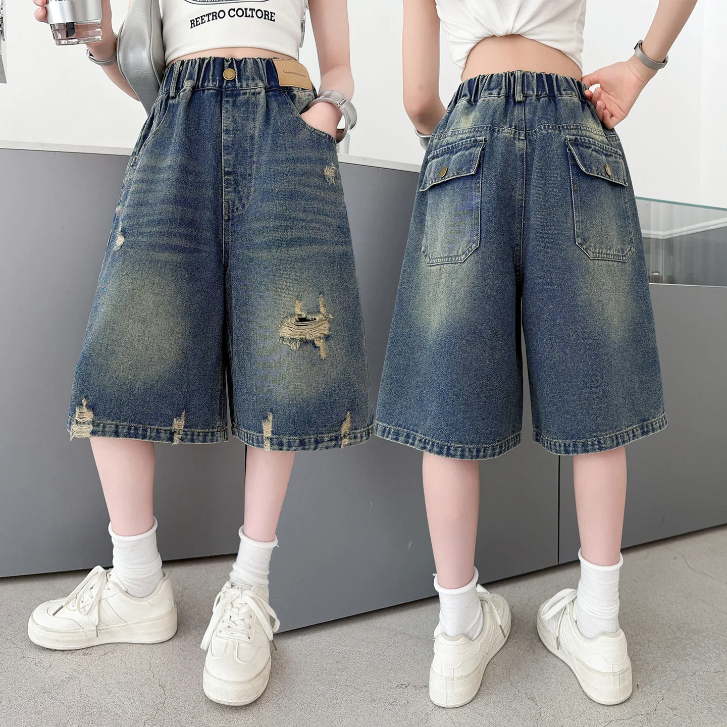 Summer Vintage Teenager Kids Denim Shorts Korean Fashion Ripped Mini Jeans Girls Casual above Knee Pants Elegant Child Clothing