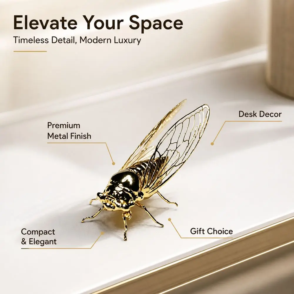 Golden Finish Golden Cicada Figurine Realistic Details Hollow Wings Cicada Sculpture Vintage Style Insect Figurine - view 3