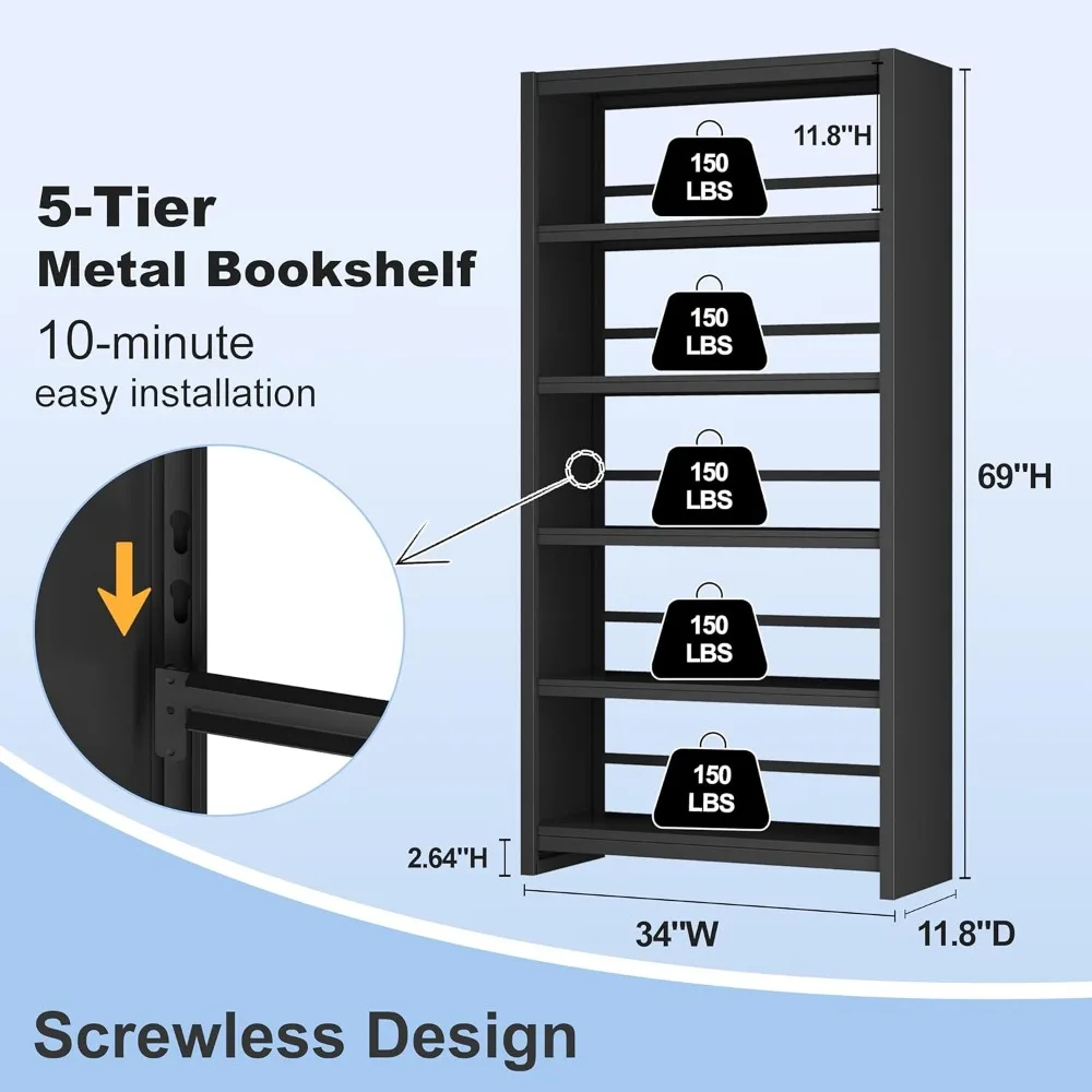 رف كتب معدني مكون من 5 طبقات، خزانة كتب سوداء بطول 69 بوصة، أرفف كتب كبيرة شديدة التحمل، أرفف كتب صناعية واسعة، تخزين العرض Sh #2