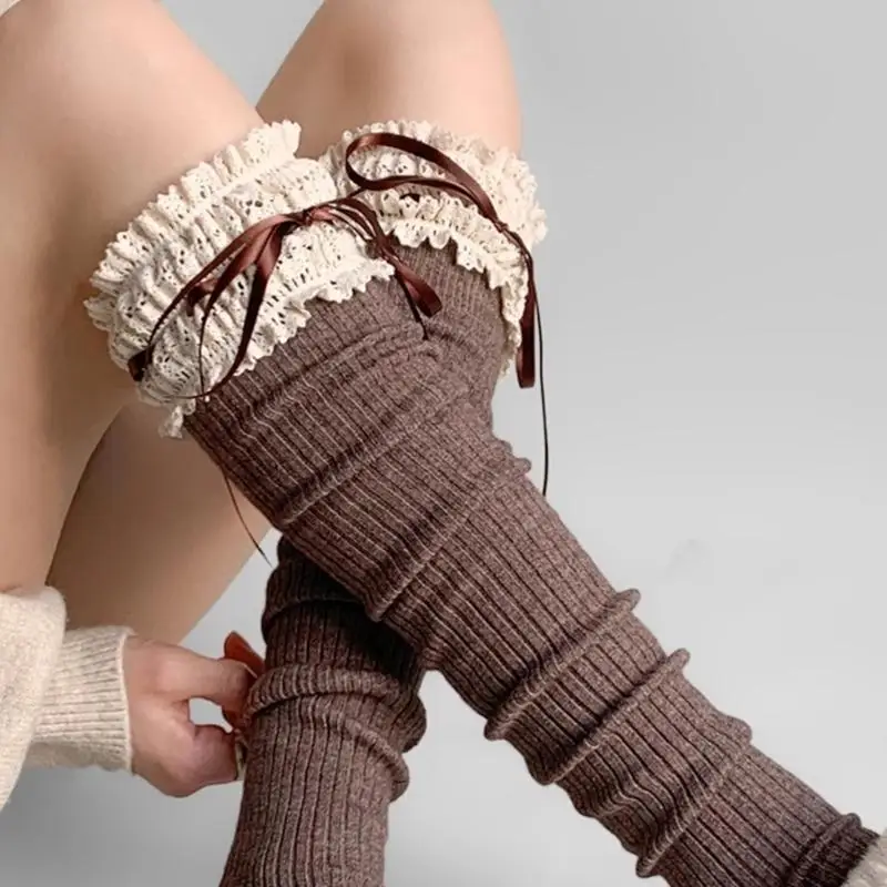 L5YC Women Japanese Student Winter Warm Cotton Over Knee Long Socks Elegant Ruffled Lace Top Bowknot Thigh High Stockings