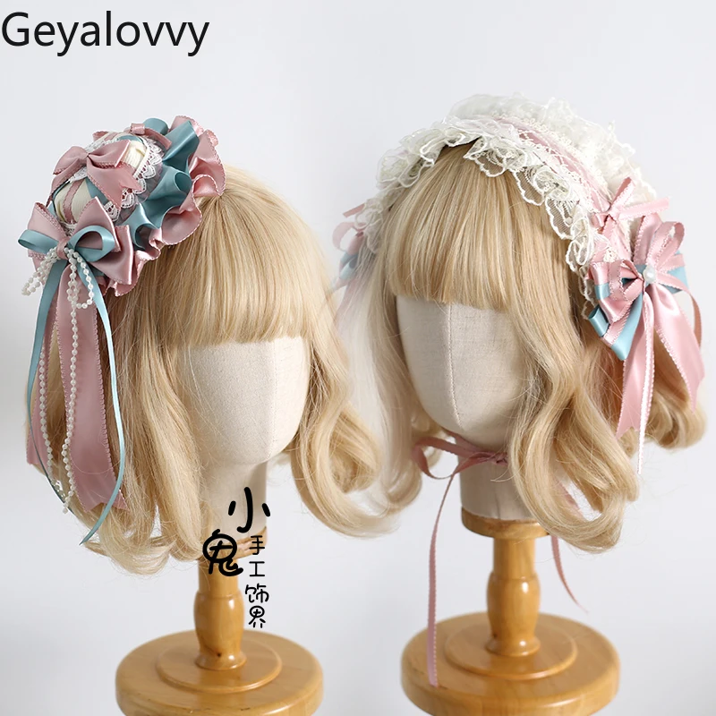 

Lolita Headgear Pink Blue Color Matching Japanese Original Sweet Cute Hair Accessories Bow Bead Headband Hand Sleeves