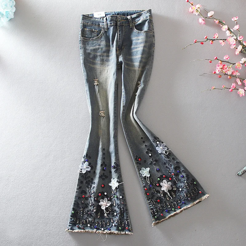 

High-waisted retro slim beaded raw edge diamonds slim flared trousers stretch denim wide-leg jeans