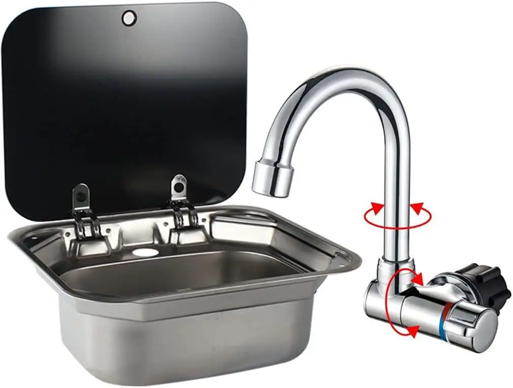

Stainless Steel RV Sink with Foldable Faucet, Tempered Glass Lid, Hand Wash Basin for Camper Trailer Caravan