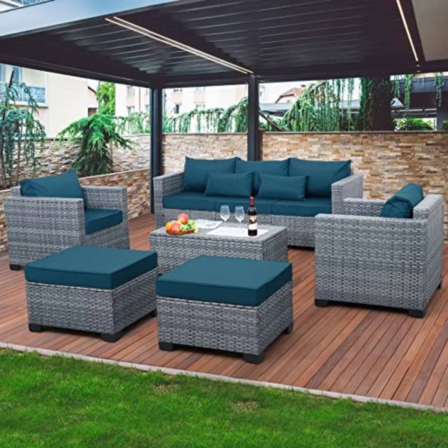 

6 Pieces Wicker Patio Furniture Sets Outdoor Conversation Set HDPE Rattan Sectional Sofa Couch with Storage Table and Cushions