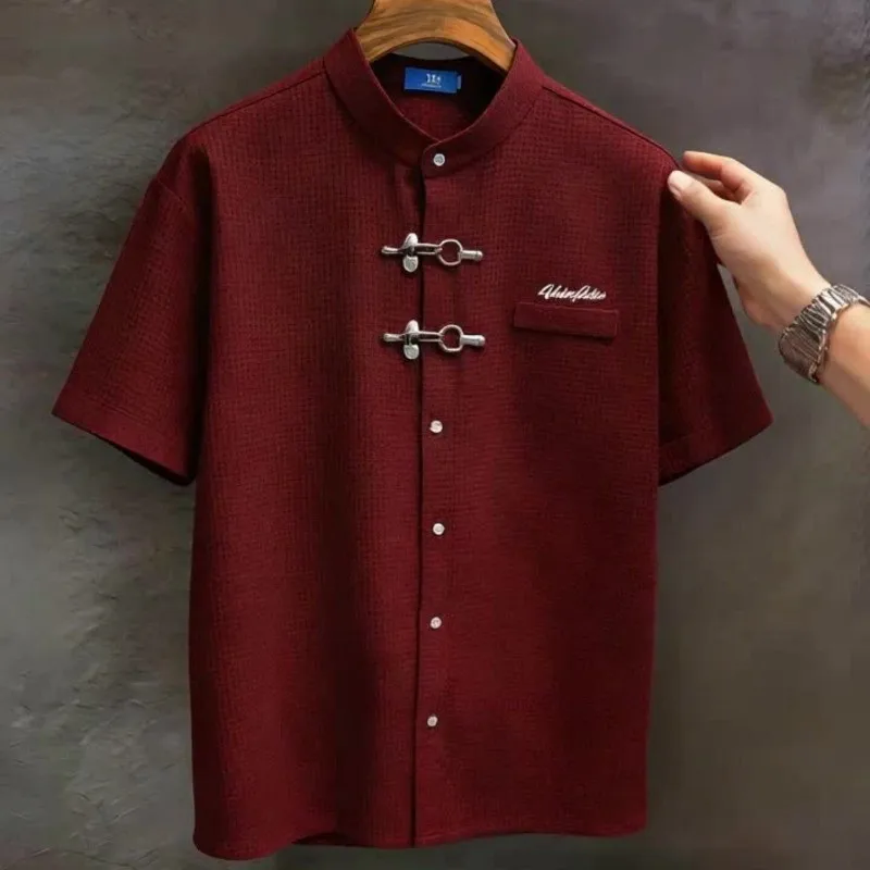 New Chinese-style Textured Stand-collar Short-sleeve Retro Shirt For Men Summer Versatile Casual Korean Social