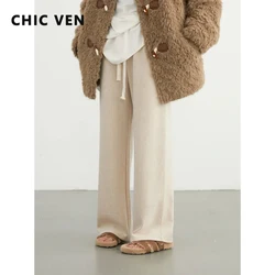 CHIC VEN Women Casual Pant Solid High Waisted Straight Trousers Wide Leg Sweatpants Long Sport Pant for Woman Autumn Winter 2023