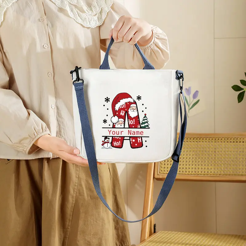 Custom Name/Text Christmas Letter A-Z Canvas Tote Bag Santa Claus Snowflake Monogram Crossbody Handbag Personalized Xmas Gift