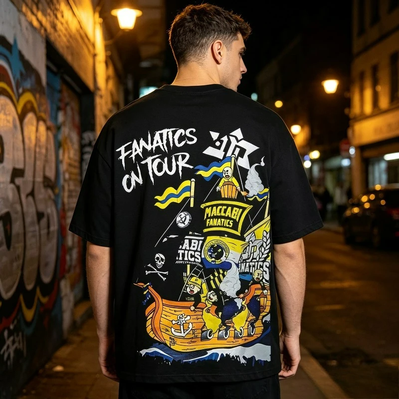 FANATICS ON TOUR Pirate Ship Graffiti Graphic Back Print 100% Cotton Men’s Oversized T-Shirt, Casual Streetwear  Sleeve Top