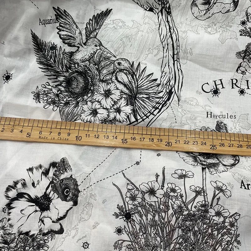 European and American brand high-end custom black and white flowers and birds pattern digital printing pure cotton fabric