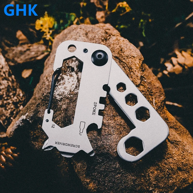 GHK EDC Outdoor Tools Carabiner Clip Bottle Opener Keychain Ring Stainless Steel Multifunction Card Gadget Tool Camping Survival