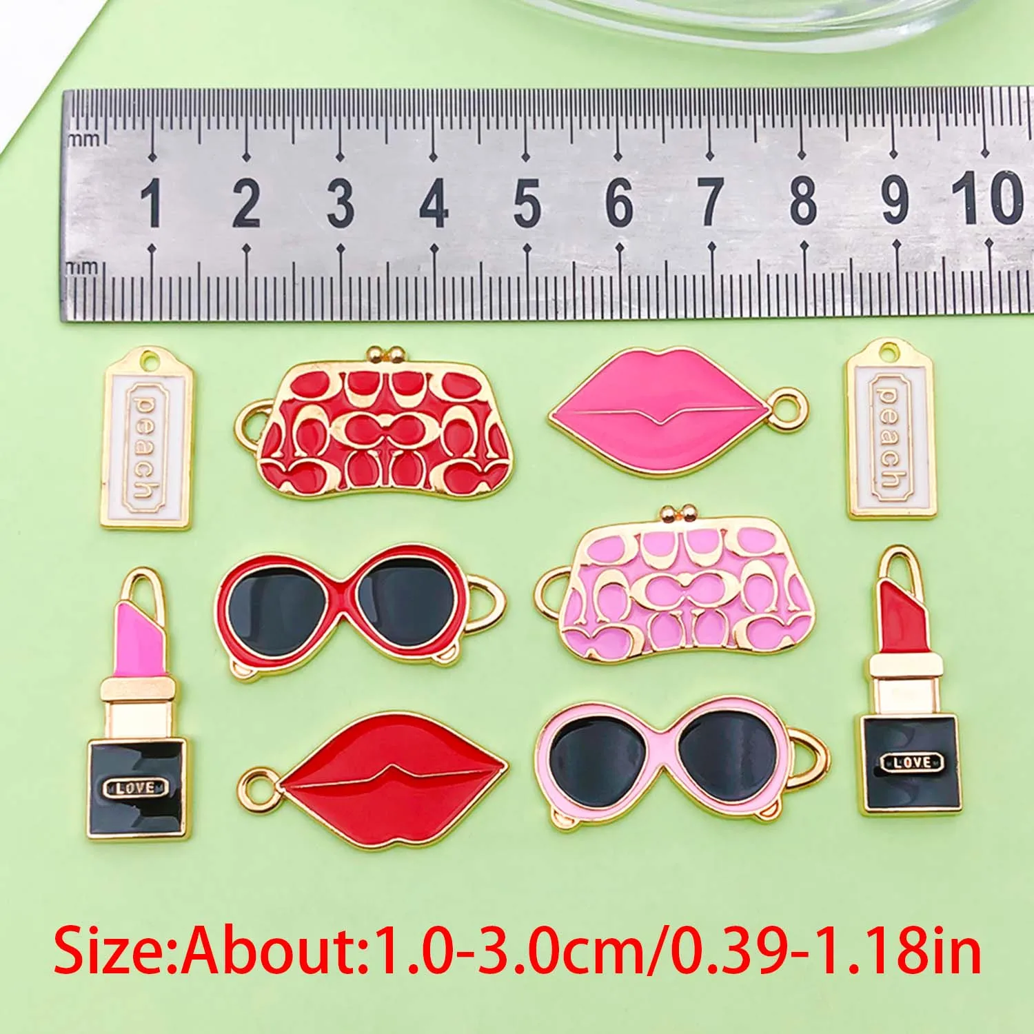 10pcs Enamel Women's Charms Alloy Fashion Lipstick, Bags, Sunglasses, Red lips Pendants For DIY Jewelry Making Accessories