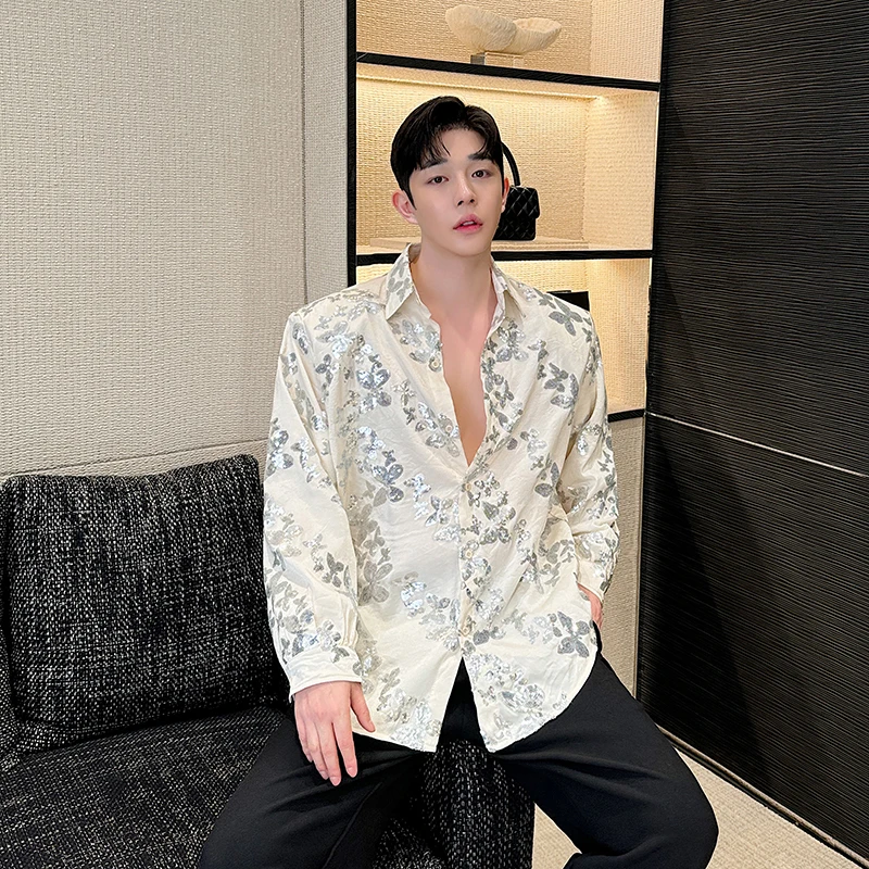 SYUHGFA Korean Style Men's Shirts Casual Butterfly Sequin Turn-down Collar Long Sleeve Loose Single Breasted Fashion 2024 Autumn