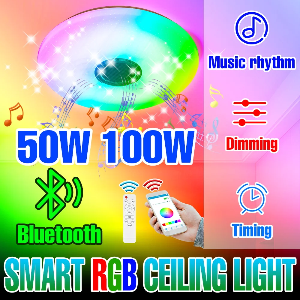 

Умная потолочная лампа RGB LED 100 Вт с Bluetooth, управлением через приложение, диммируемая, с функцией динамика, для дома и вечеринок