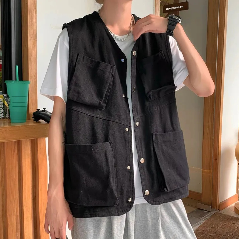 Summer Thin Jacket Cityboy Functional Workwear Vest Men's Trendy Brand Khaki Color Shoulder Pad Jacket Vest Youth Popular Style