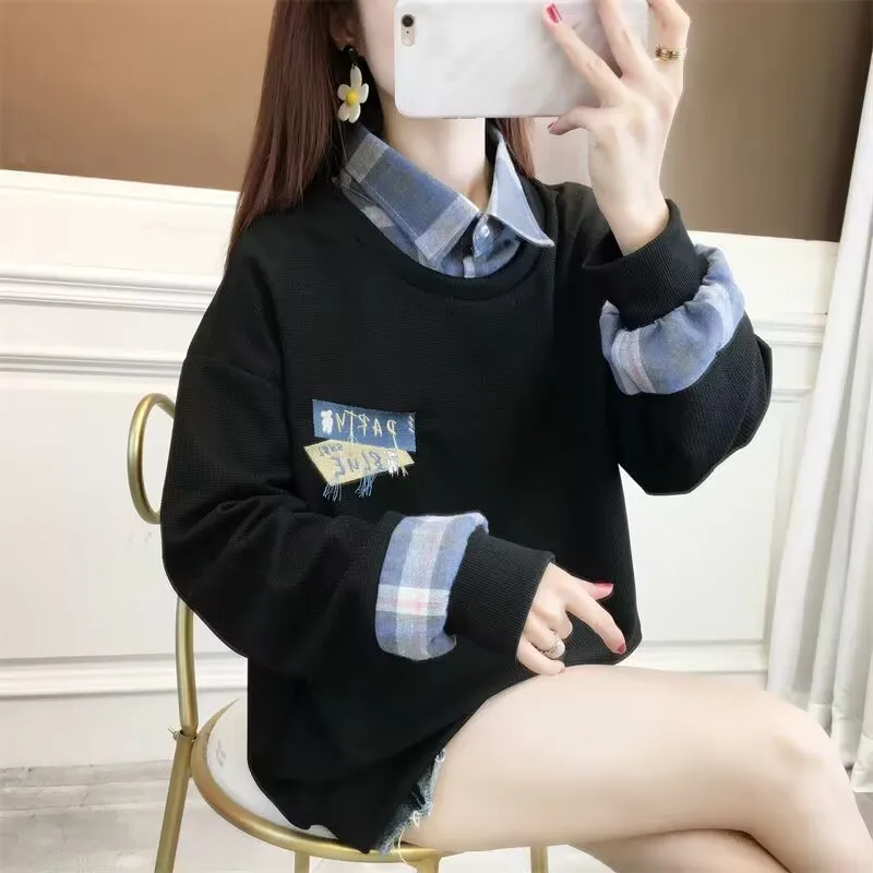 

New Plaid Patchwork Hoodie 2024 Fashion Spring Autumn Long Sleeve T-shirt Students Korean Style Casual Hoodie Plaid Shirt