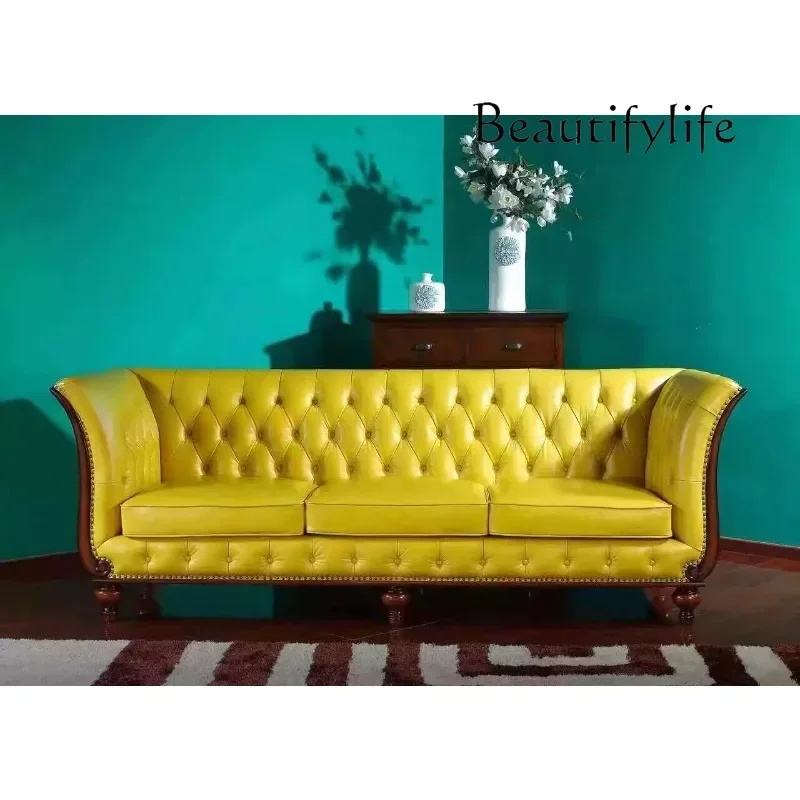M American Sofa, Beech Solid Wood Lemon Yellow Top Leather Combination Sofa Hotel Lobby Sofa
