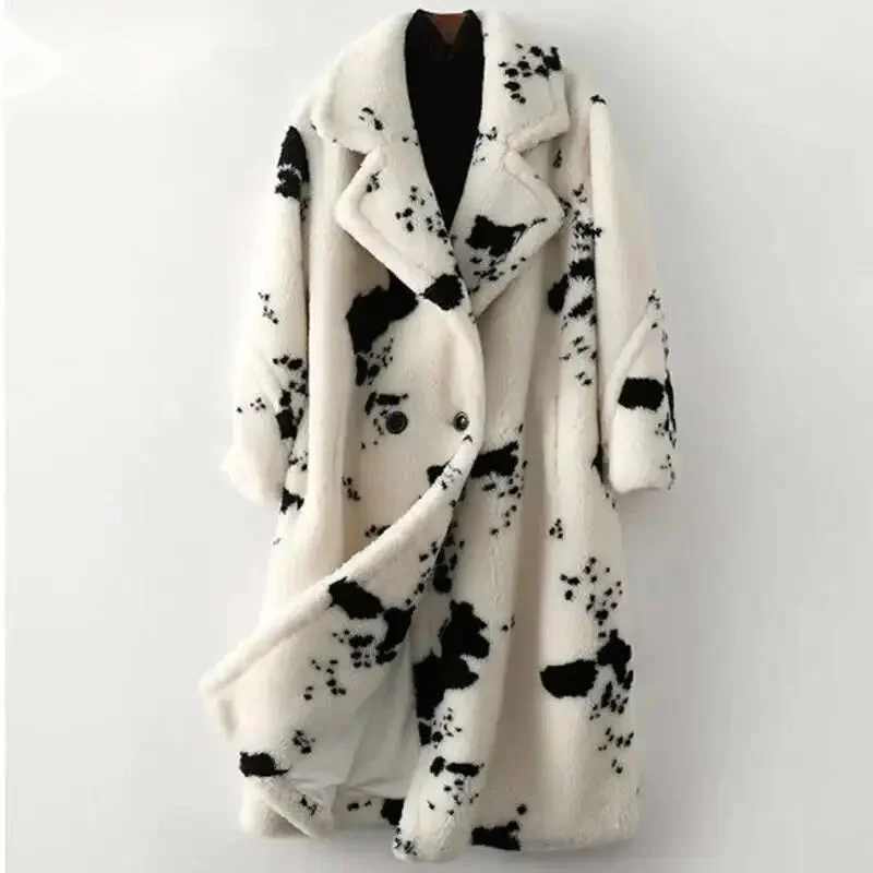 Men Winter Warm Wool Fur Like Coat Sheep Sheared Loose Long Printed Fashion Casual Windbreaker Contrast Color ZSV5