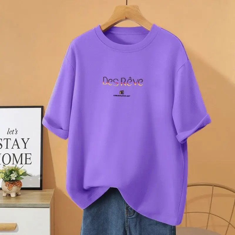 

Summer 100% Cotton Letter Printed T-shirt, Women Clothing Loose Casual Basic Pullovers, Vintage O-neck Short Sleeve Top Tee