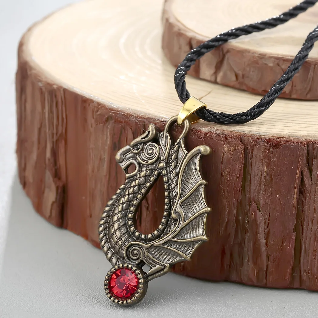 Retro Ethnic Style Zodiac Dragon Ruby Animal Pendant Necklace Men's Fashion Punk Trend Lucky Jewelry