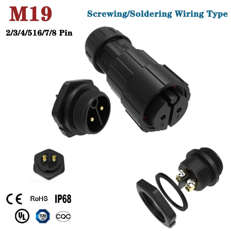 IP68 M19 Connector Panel Install Power Plug Socket High Current Male Female Soldering/Screw Wiring Type Connectors Waterproof
