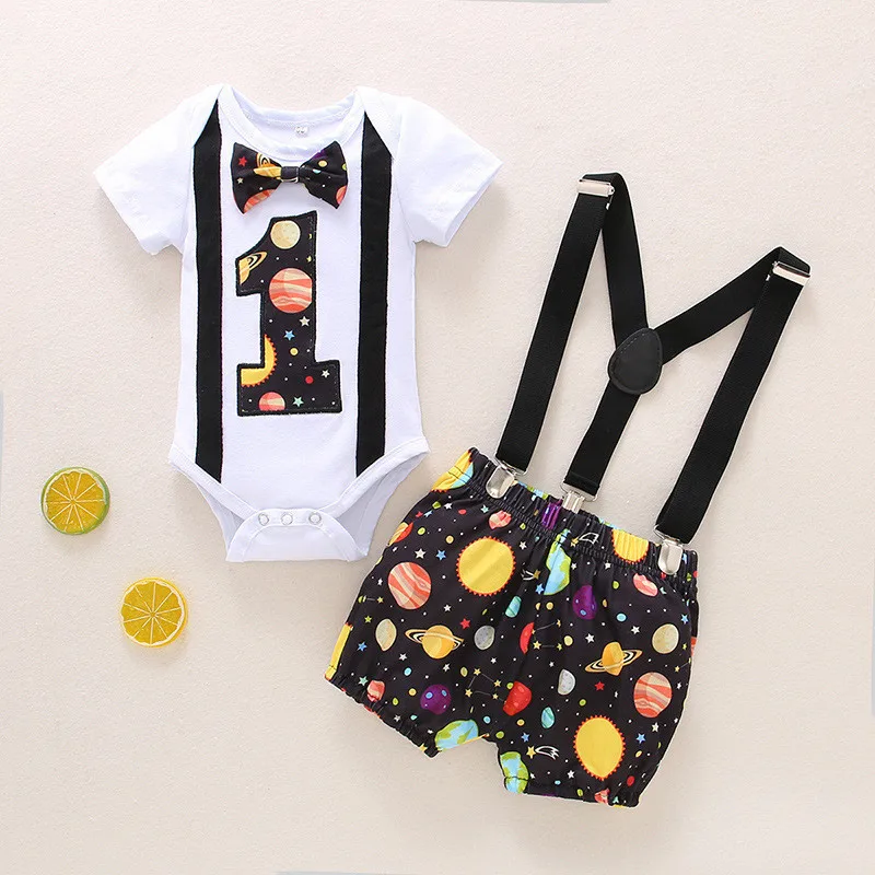 Newborn Infant 1st Birthday Party Baby Boy Outfit White Christening Clothes for Baby Boy Onesies Jumper Suspenders PP Shorts Set