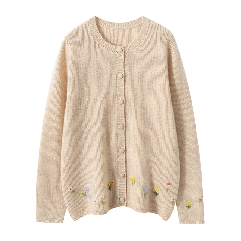 2025 Chic Woman 100% Cashmere  Cardigan Soft Warm Knitwear O-Neck Sweater Hand-embroidered Flowers Autumn Winter Office Lady Top