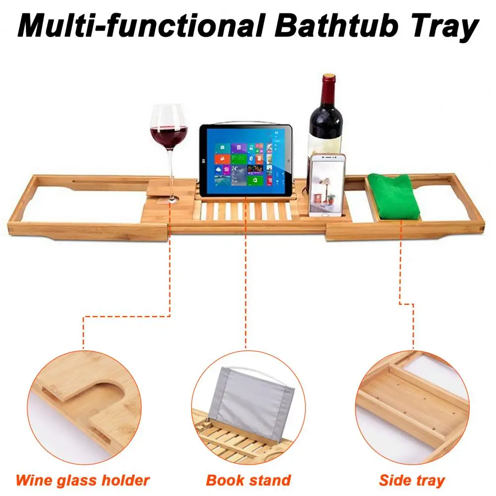 Bamboo Bath Tray with Wine Glass Holder Non-Slip Handle Adjustable Bath Shelf Multi-functional Book Stand Bathroom Organizer