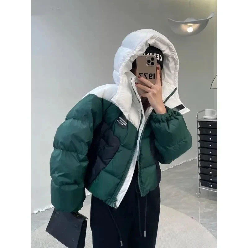 2023 Winter Casual Street Style Single Breasted Parkas Patchwork Jacket For Women Oversized Outerwear Fashion Warm Thick Coat