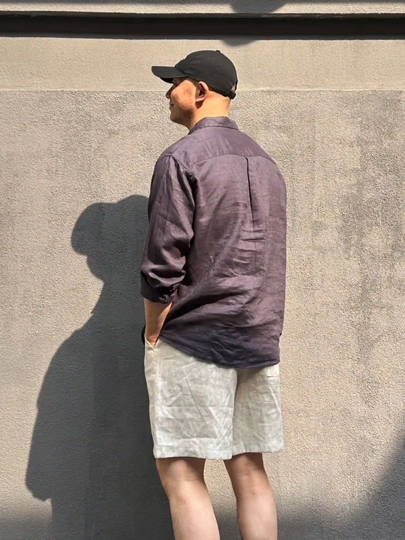Cotton Linen Shirt Shorts Set Men's Slim Fit Long Sleeve Lightweight Sun Protection Five-Point Short Pants Two-Piece Set