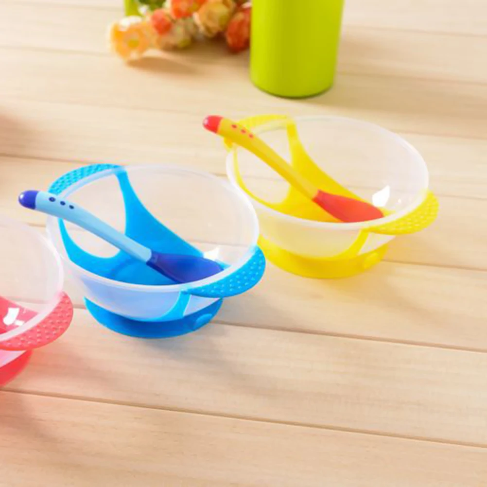 

2 Pieces Baby Feeding Bowl Spoon Set Suction Toddler Bowls Tableware Plates Temperature Sensing Non BPA Food Grade PP