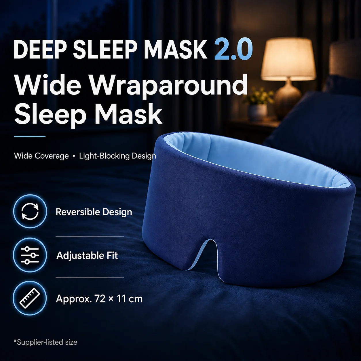 Sleep Mask for Women Men, Wide Wraparound Reversible Eye Mask, Adjustable Light-Blocking Sleeping Mask for Travel Nap Home