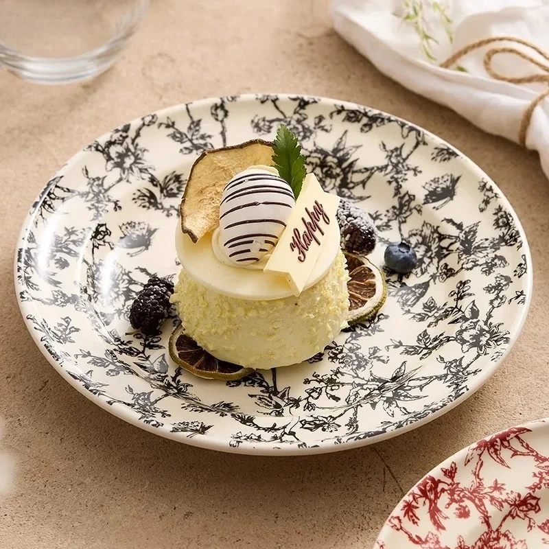 

Vintage Floral Pattern Ceramic Shallow Plate Round Dessert Dish Steak Dish Salad Dish Barbecue Plate Hotel Creative Tableware
