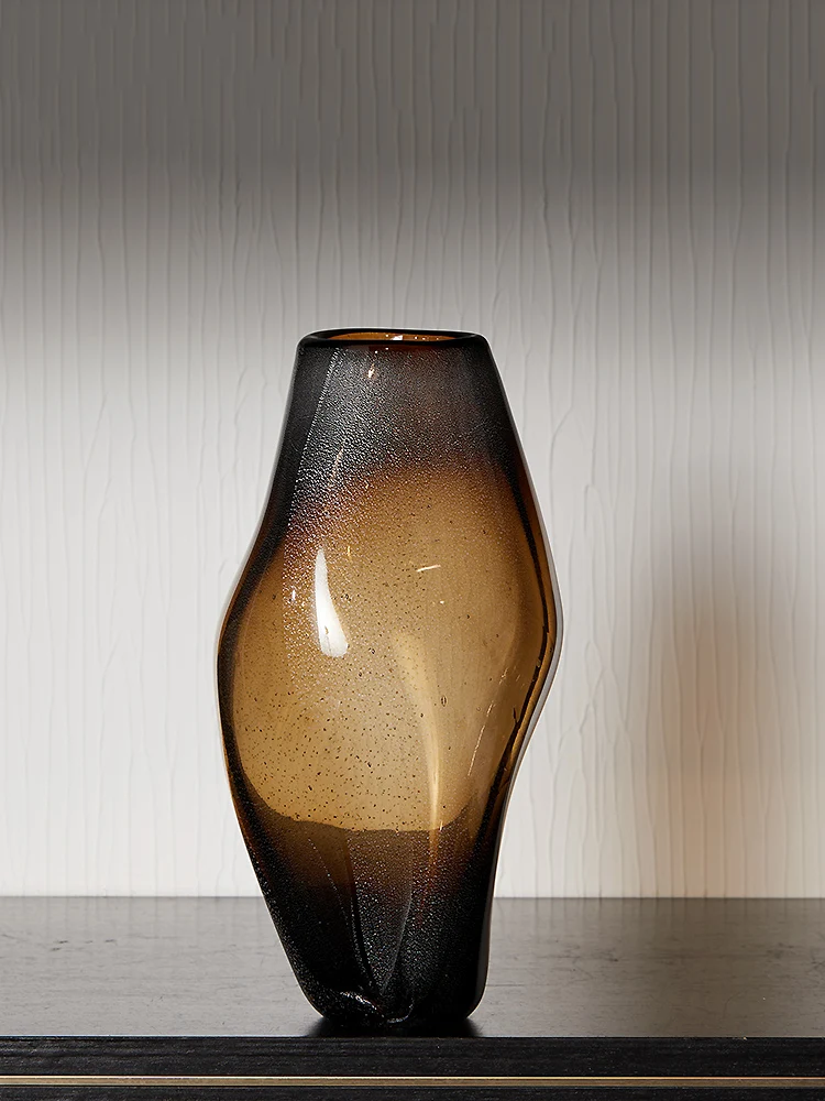 Brown Transparent Glass Vase, High-end Light Luxury Model Room, Living Room Water-raised , Special-shaped Flower Device