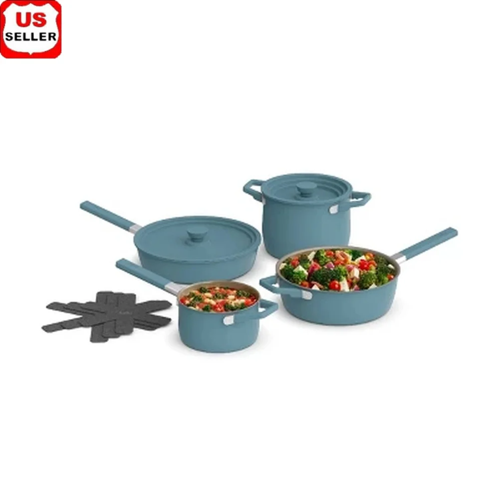 

9pc Ceramic Nonstick Cookware Set Space Saving System Universal Lids Scratch Proof Inserts Induction Compatible Oven Safe