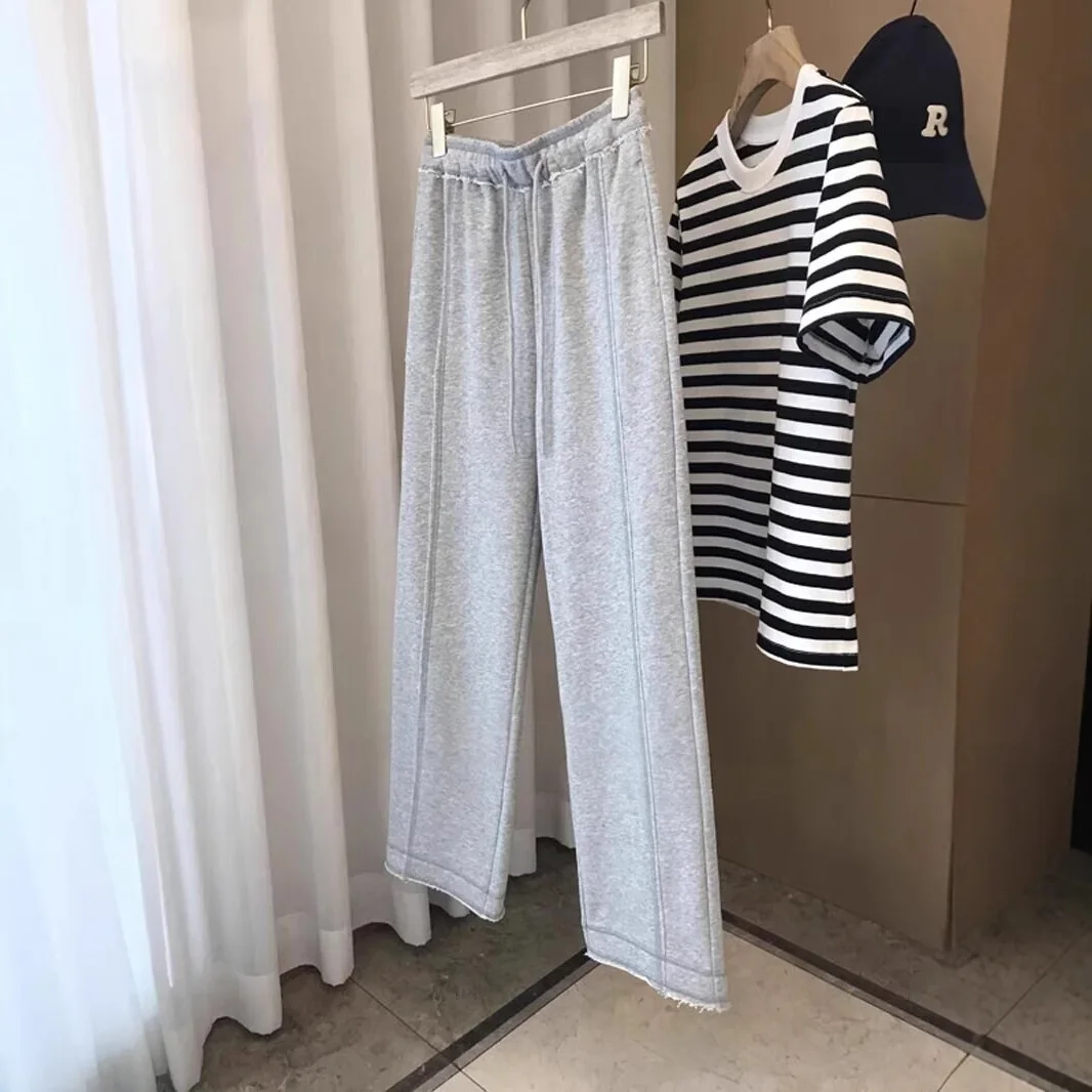 New Gray Sports High-Waisted Slimming Wide-Leg Long With Frayed Hem Casual Pants For Women Spring And Autumn Trousers