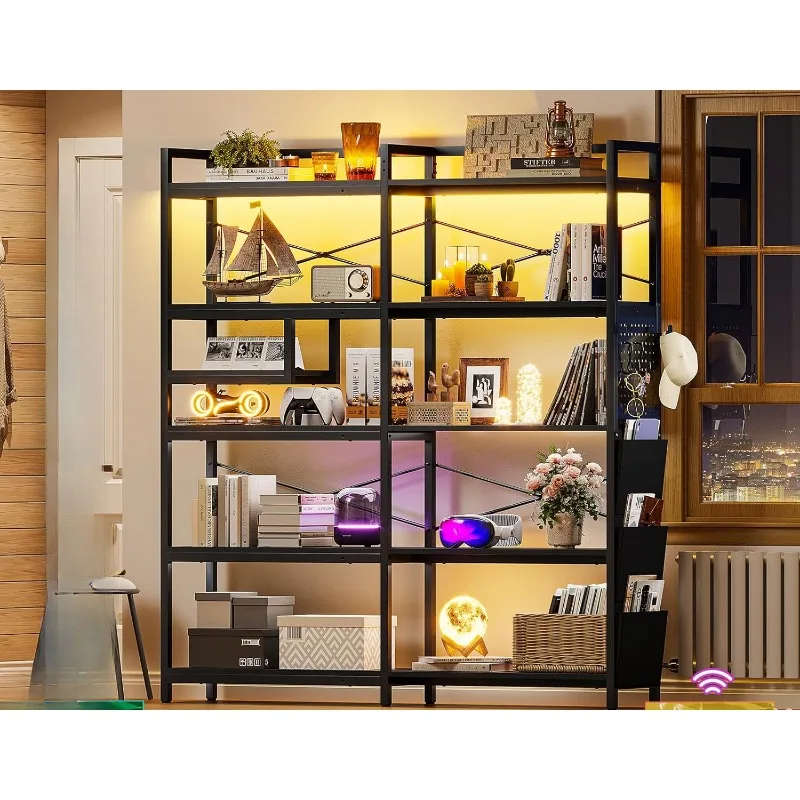 

Corner Convertible 5-Tier Bookshelves with Storage or 63" W Bookcase, Tall Bookshelf with Pegboard, Storage Bag&LED Light