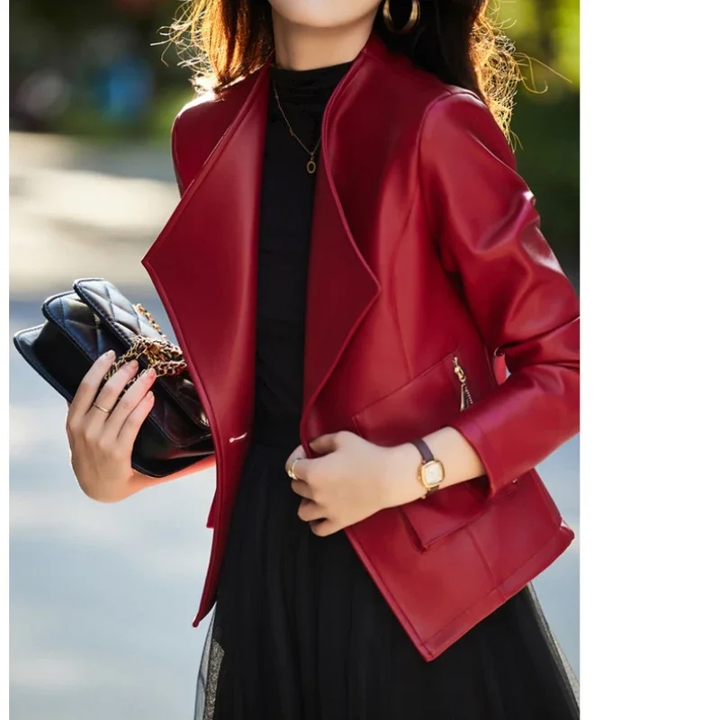 Autumn Winter Jackets for Women 2023 Casual Slim Leather Jacket Women Clothes Fashion Short Red Coats Lapel Jaqueta Feminina