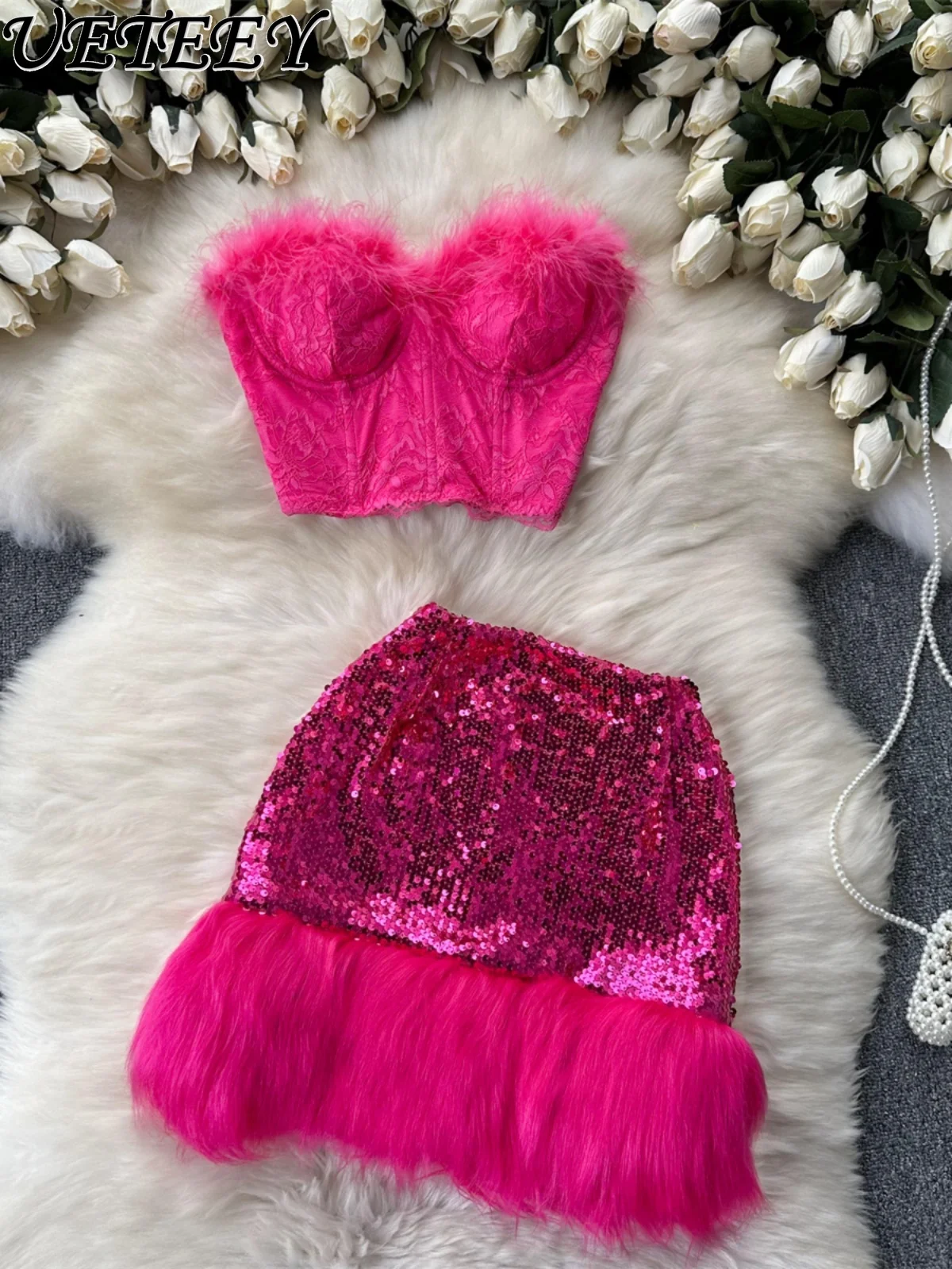 

INS Hot Girl Suit Women's Sexy Sling Short Furry Lace Tube Top and Sequined Sheath Tassel Mini Skirt Rose Red Two Piece Set