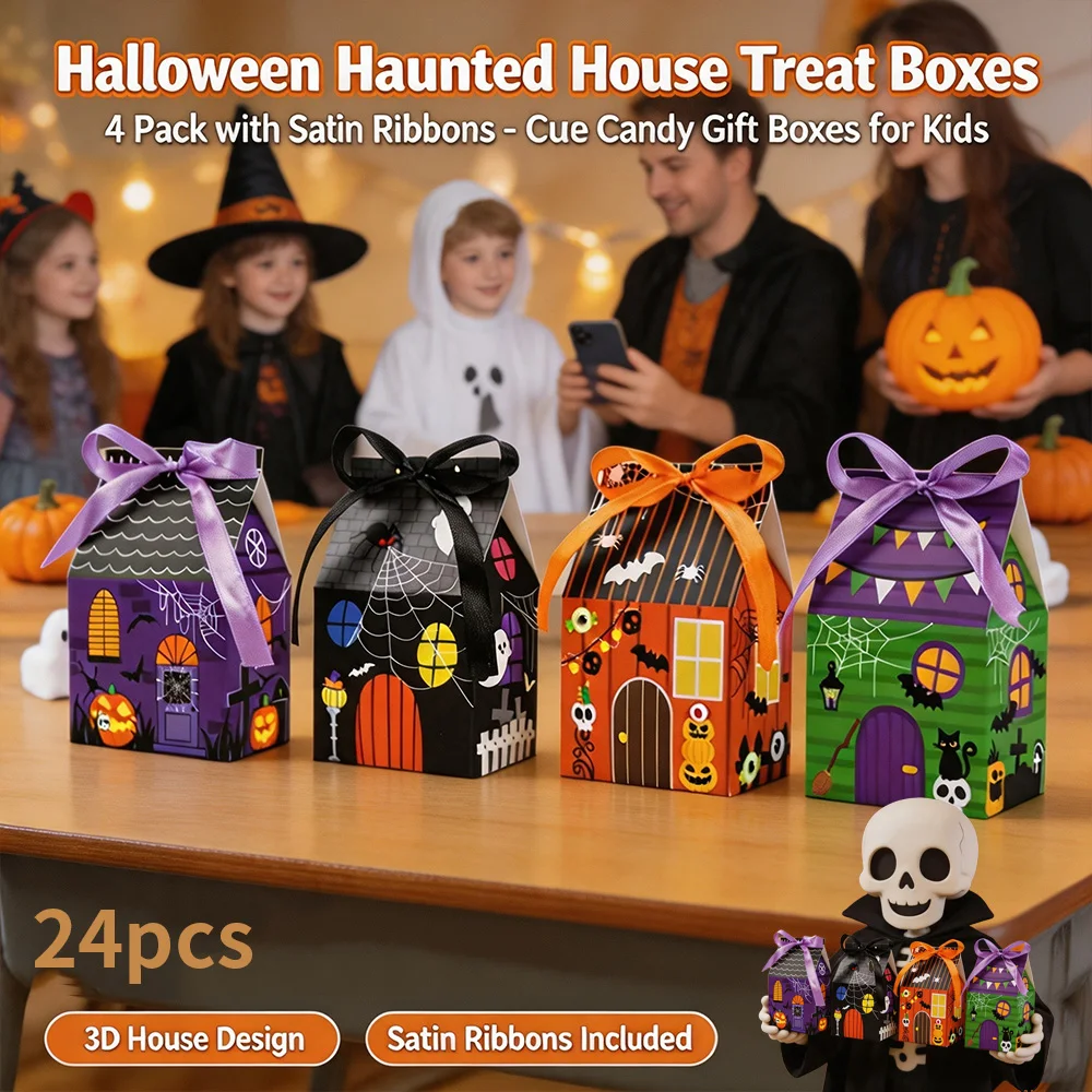 4 mixed packages -24pcs Halloween small house candy gift box, pumpkin bat element ribbon packaging, party companion gift box