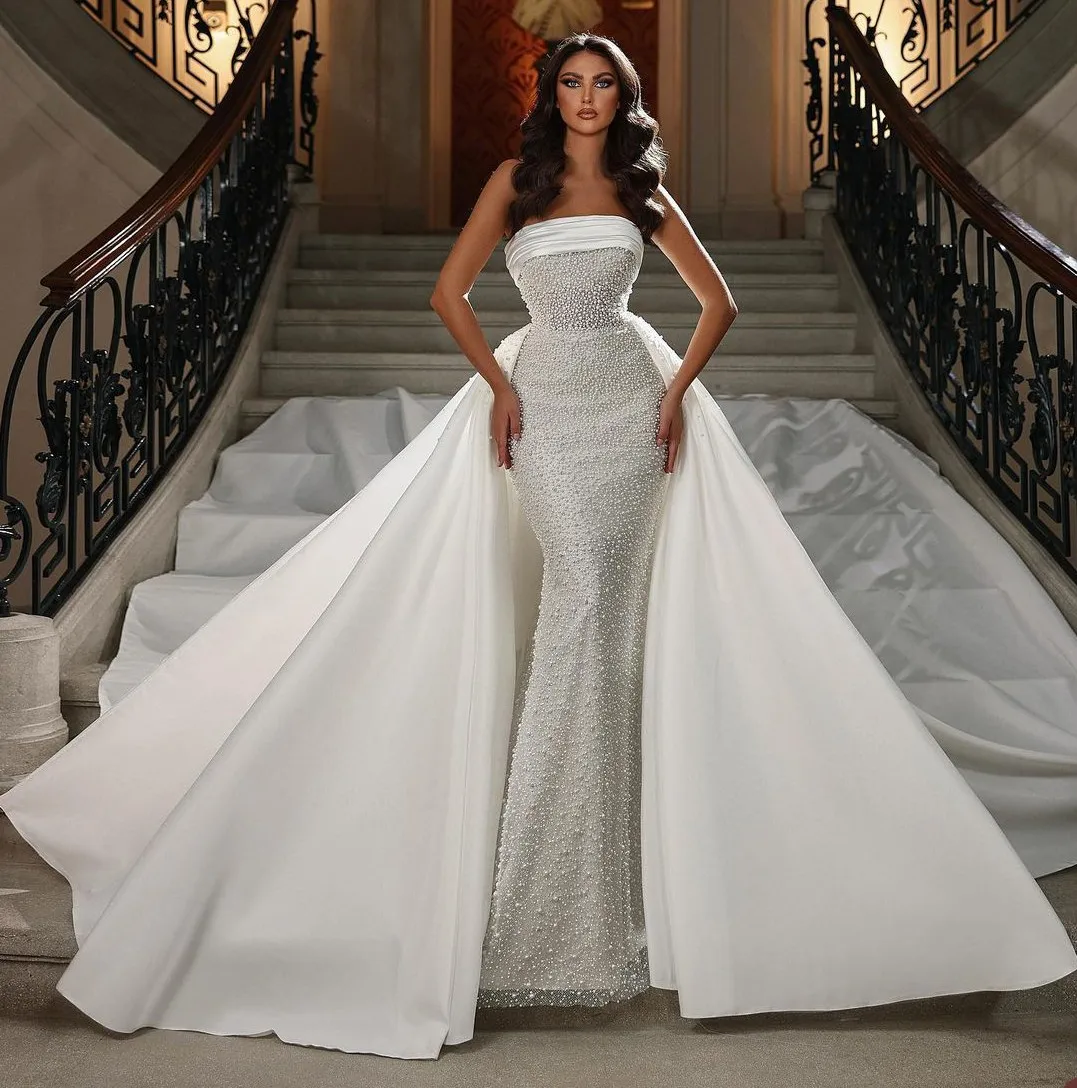 

Aso Ebi Mermaid Wedding Dress With Detachable Train Strapless Pearls Bridal Dresses Church Bride Gown vestidos de novia