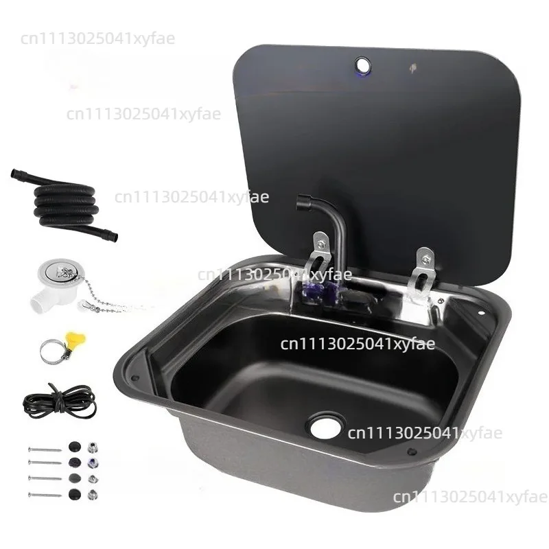 420mm Stainless Steel RV Sink With Water Tap Tempered Glass Cover Camper Kitchen Accessory