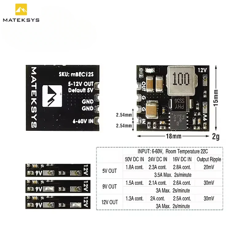 MATEK Mateksys MICRO BEC 6-60V a 5V/9V/12V-ADJ módulo regulador reductor para RC modelo avión helicóptero Dron de carreras con visión en primera persona