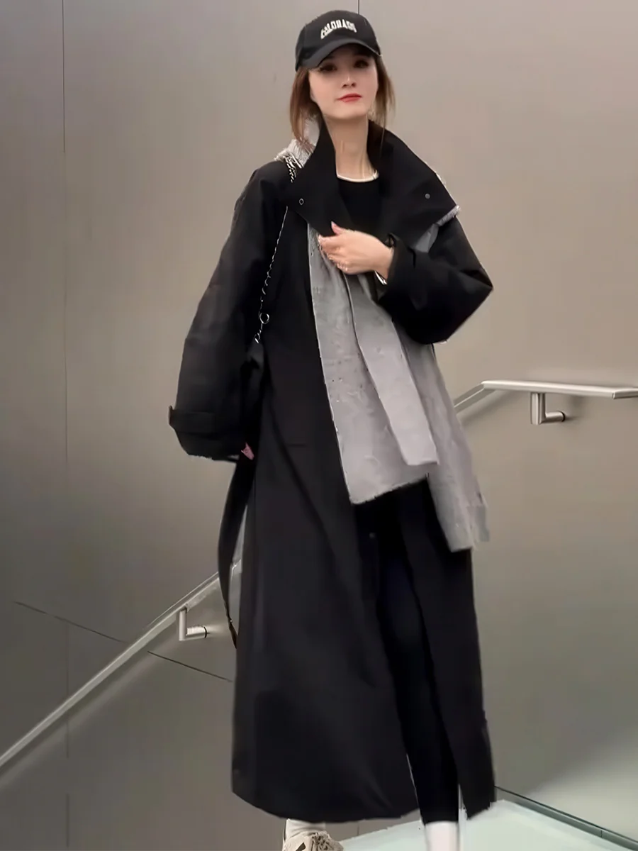 

Женская черная удлиненная утепленная куртка с воротником-стойкой, с поясом на талии, осенне-зимняя, новая, теплая, ветрозащитная, пальто-ветровка