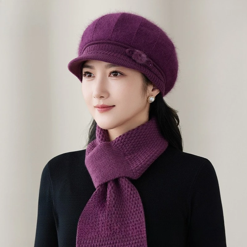 Winter Rabbit Fur Blended Wool Hat Women's Thickened and Velvet Warm Knitted Hat Windproof Duck Tongue Big Head Scarf Set